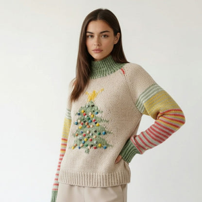 Evadne - Sweter damski na święta z golfem, motyw choinki, styl zimowy