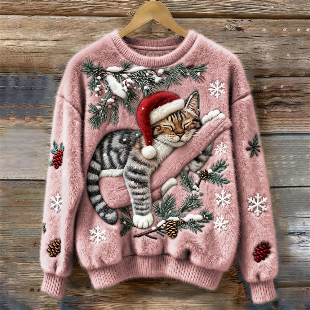 Mirella - Przytulny Świąteczny Sweter z Kotkiem z Pluszu (Damski)