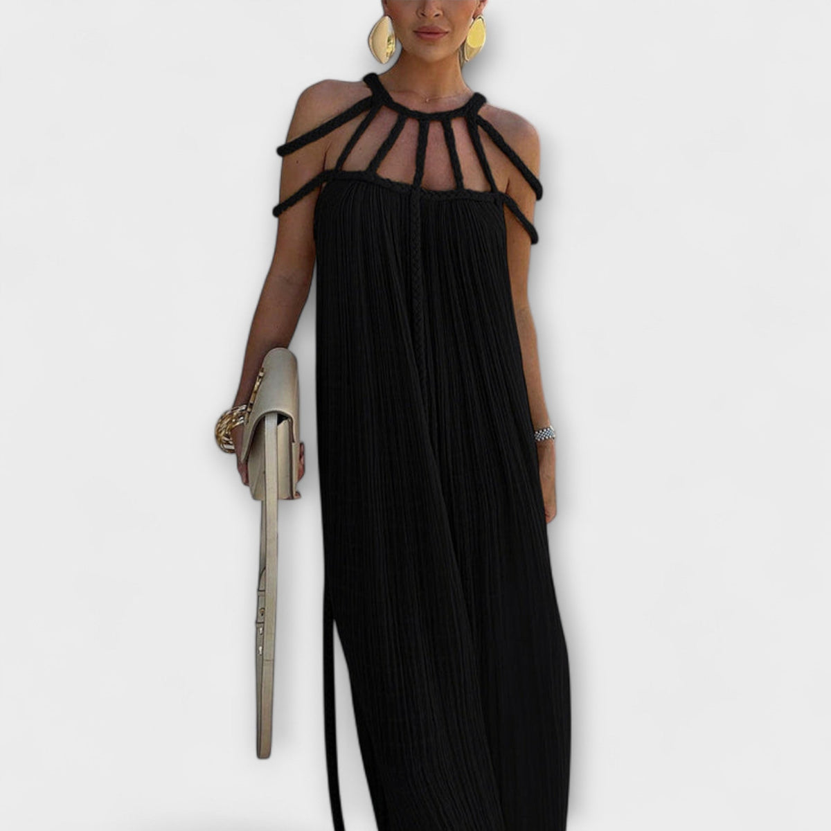 Jacqui | sukienka maxi damska plisowana z ozdobnym sznurem, elegancka i zwiewna