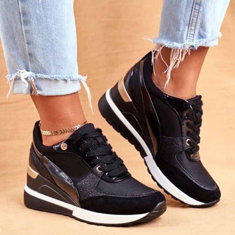 Alison | Sneakersy damskie Callie czarno-złote na platformie sportowe stylowe