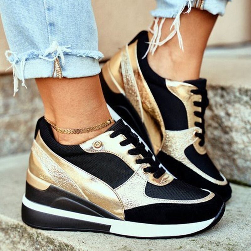 Alison | Sneakersy damskie Callie czarno-złote na platformie sportowe stylowe
