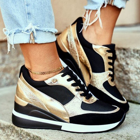 Alison | Sneakersy damskie Callie czarno-złote na platformie sportowe stylowe