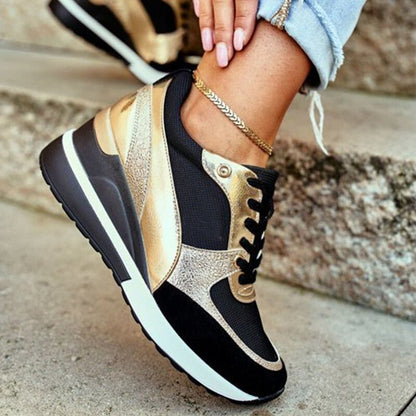 Alison | Sneakersy damskie Callie czarno-złote na platformie sportowe stylowe
