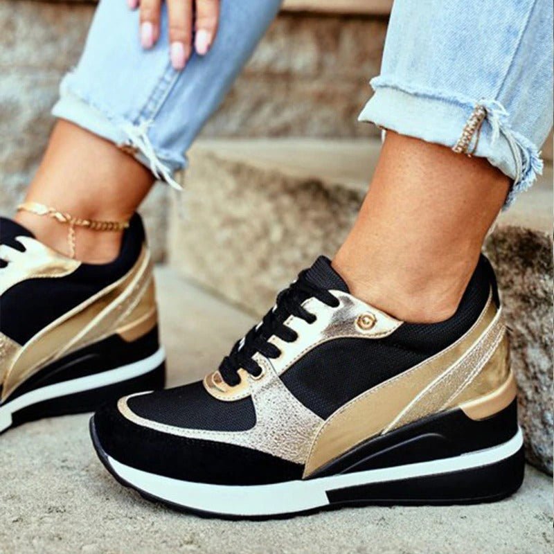 Alison | Sneakersy damskie Callie czarno-złote na platformie sportowe stylowe