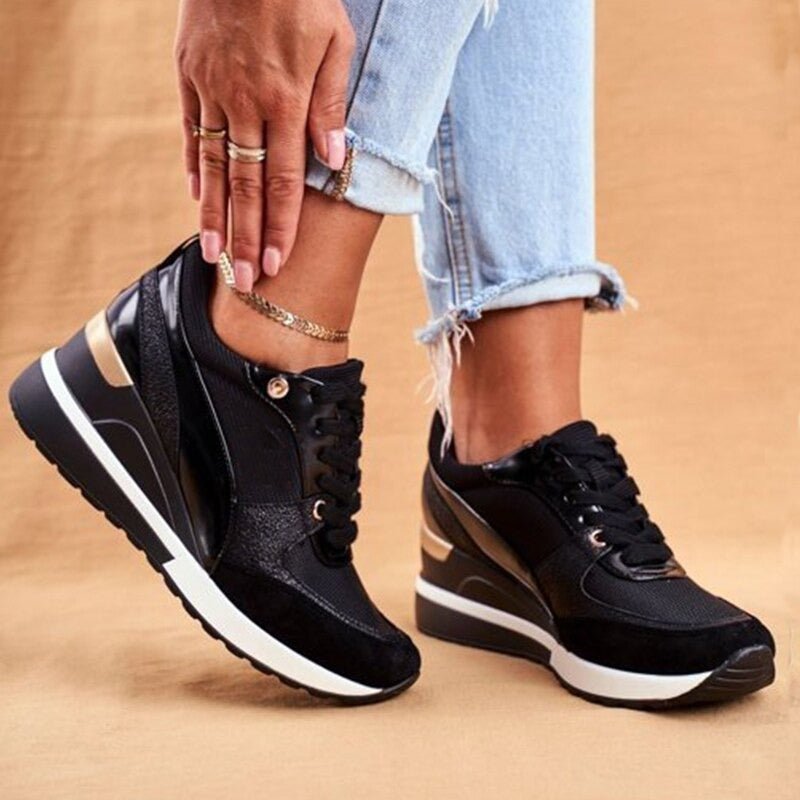 Alison | Sneakersy damskie Callie czarno-złote na platformie sportowe stylowe