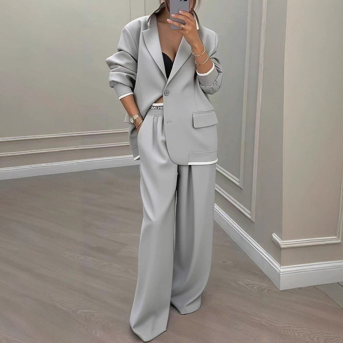 Pamela | Damski komplet z marynarką i szerokimi spodniami, elegancki nowoczesny