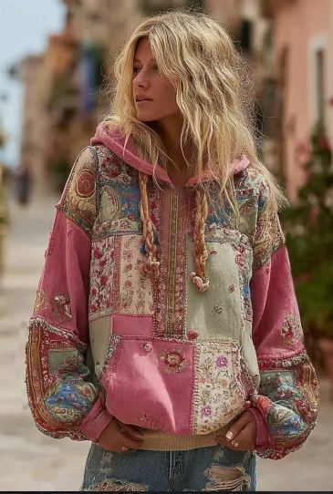 Pepper - Damski sweter z kapturem w stylu vintage barokowym z kobiecym kwiatowym nadrukiem