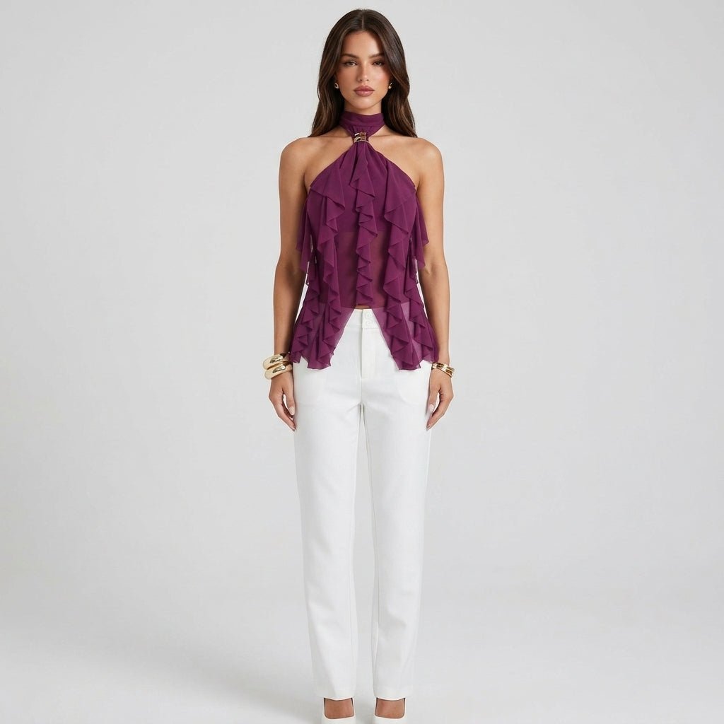 Jensen | Top damski chiffon halter z falbanami formalny elegancki stylowy