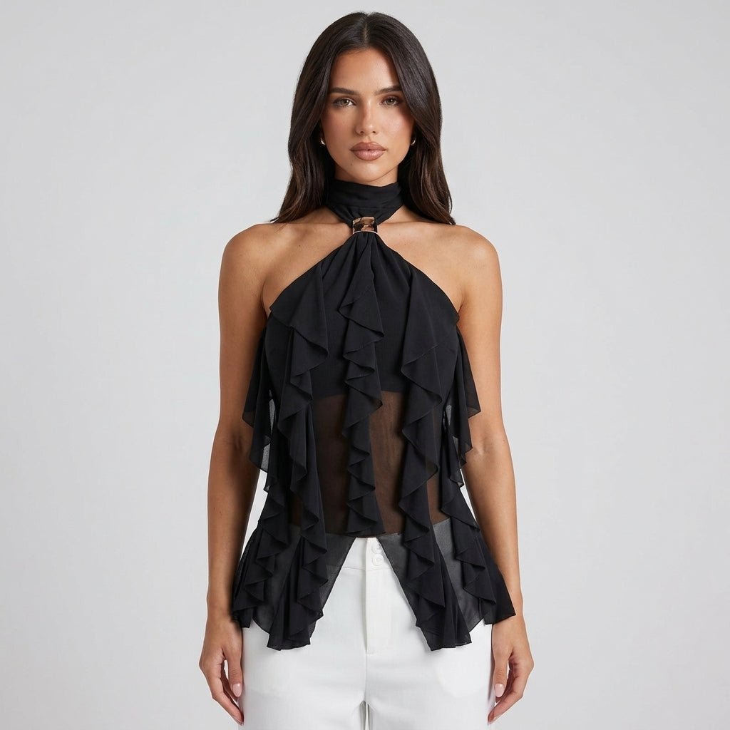 Jensen | Top damski chiffon halter z falbanami formalny elegancki stylowy