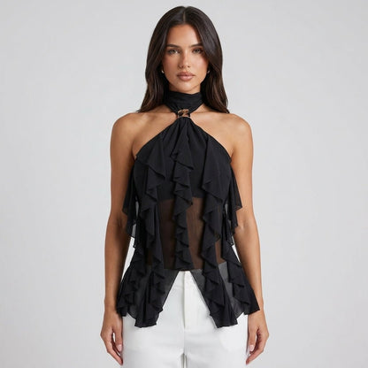 Jensen | Top damski chiffon halter z falbanami formalny elegancki stylowy