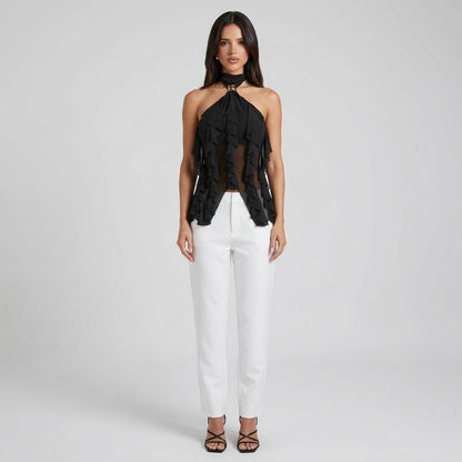 Jensen | Top damski chiffon halter z falbanami formalny elegancki stylowy