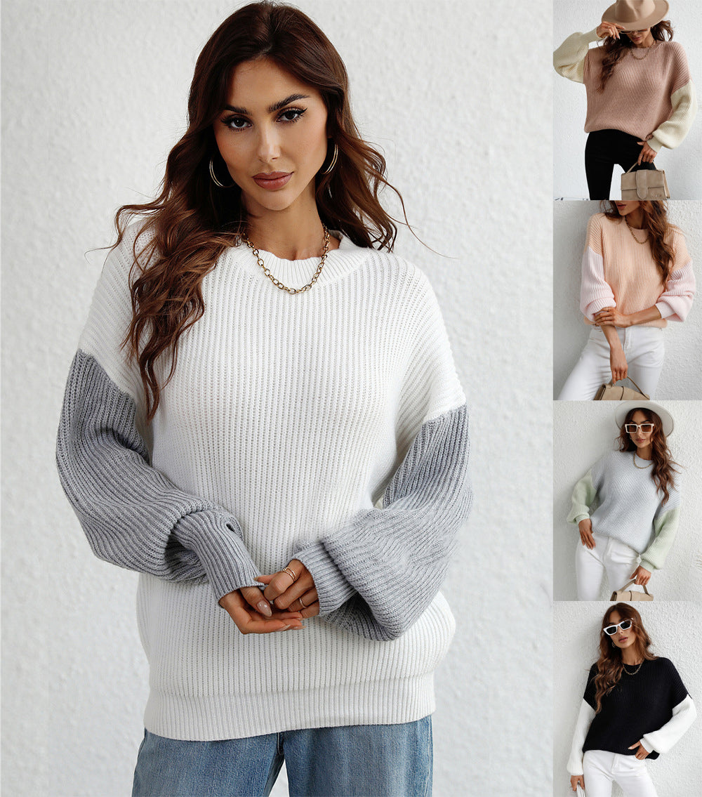 Shawna – Elegancki, modny sweter damski z okrągłym dekoltem i kontrastowymi rękawami