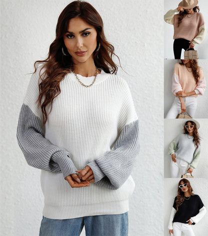 Shawna – Elegancki, modny sweter damski z okrągłym dekoltem i kontrastowymi rękawami
