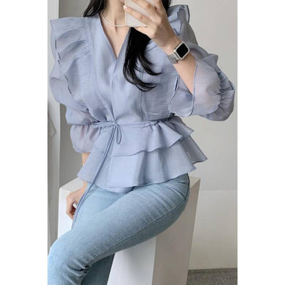 Madelaine | Damska bluzka kopertowa z wiązaniem w talii, elegancka modna
