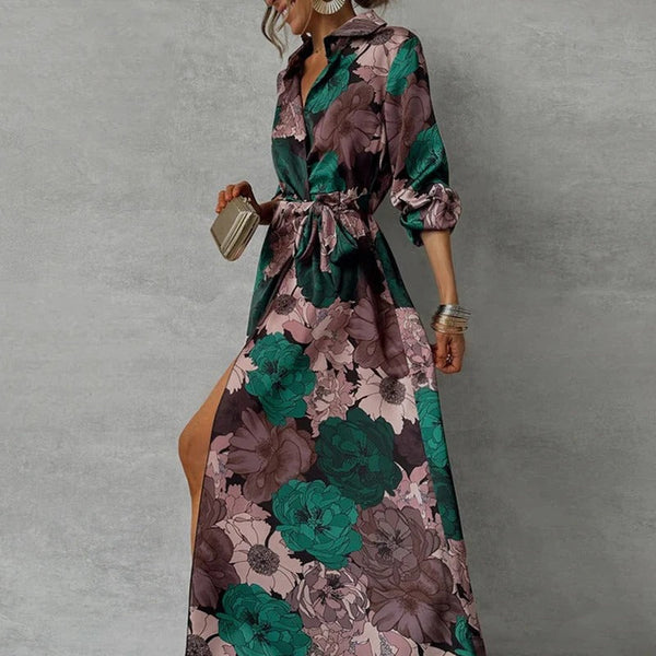 Leila | Sukienka maxi damska z rozcięciem i falbaną podkreślającą elegancki wygląd