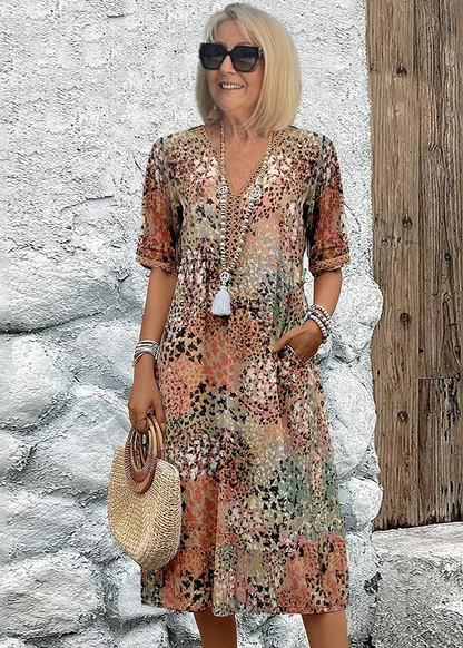 Meredith | Sukienka damska midi z dekoltem V w boho kwiatowy wzór