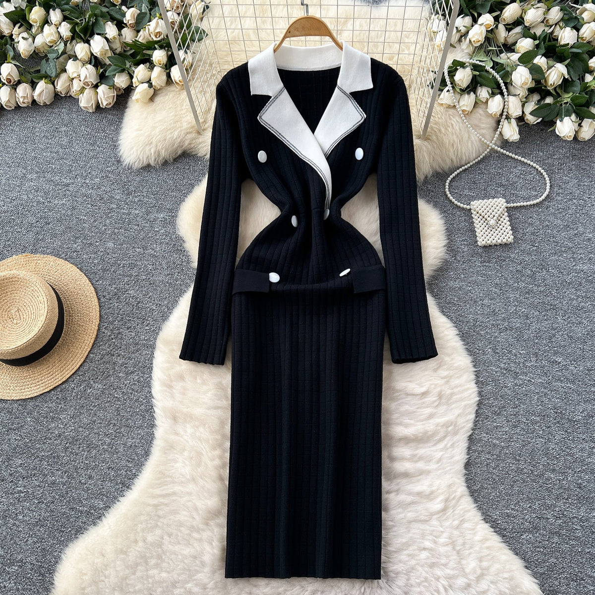 Elowen - Sukienka Marynarkowa Damska w Stylu Colorblock | Elegancka Sukienka Midi