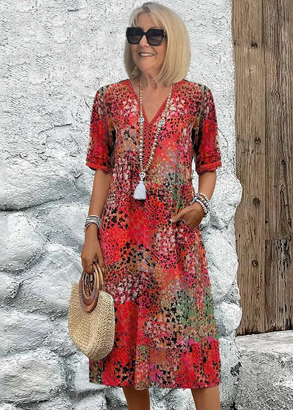 Meredith | Sukienka damska midi z dekoltem V w boho kwiatowy wzór