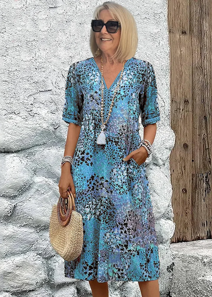 Meredith | Sukienka damska midi z dekoltem V w boho kwiatowy wzór
