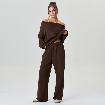 Michele | Damski komplet loungewear off-shoulder z szerokimi nogawkami
