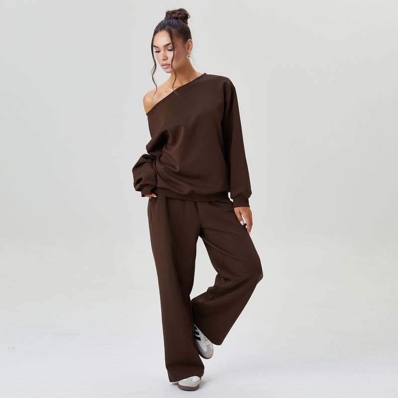 Michele | Damski komplet loungewear off-shoulder z szerokimi nogawkami