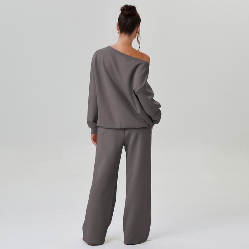 Michele | Damski komplet loungewear off-shoulder z szerokimi nogawkami