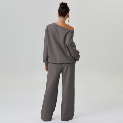 Michele | Damski komplet loungewear off-shoulder z szerokimi nogawkami