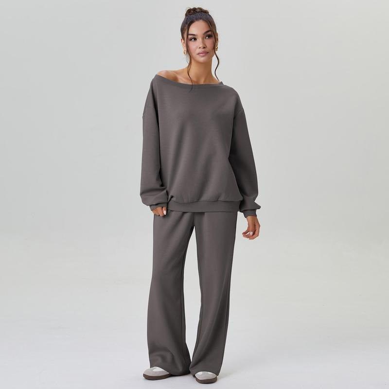 Michele | Damski komplet loungewear off-shoulder z szerokimi nogawkami