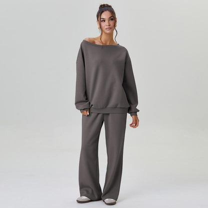 Michele | Damski komplet loungewear off-shoulder z szerokimi nogawkami