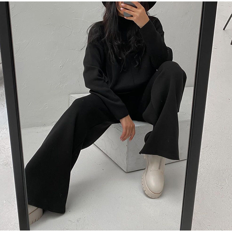 Salma | Damski komplet dzianinowy z golfem i szerokimi spodniami, loungewear dwuczęściowy