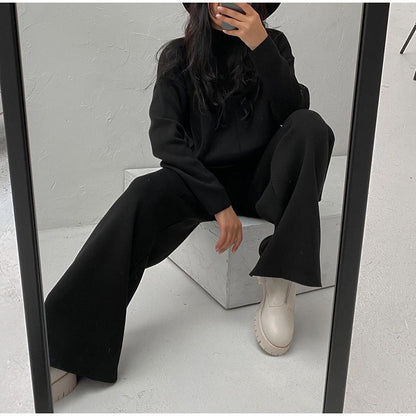 Salma | Damski komplet dzianinowy z golfem i szerokimi spodniami, loungewear dwuczęściowy