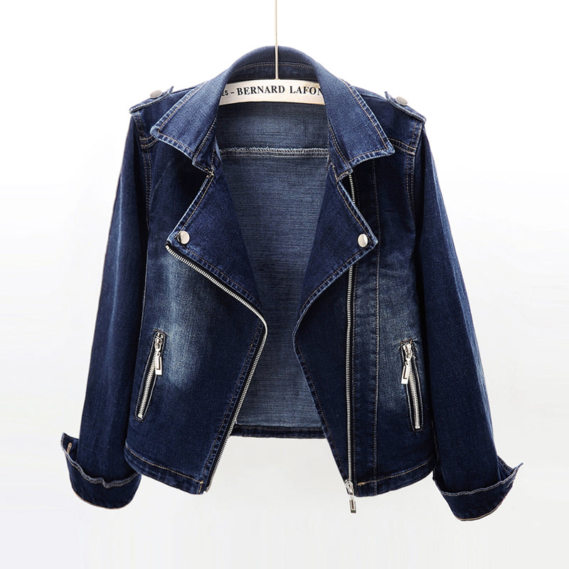 Sam | Damska kurtka jeansowa slim fit z detalami biker, stylowa modna