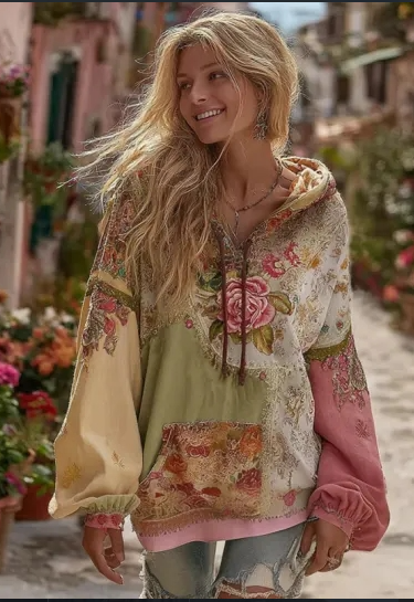 Pepper - Damski sweter z kapturem w stylu vintage barokowym z kobiecym kwiatowym nadrukiem