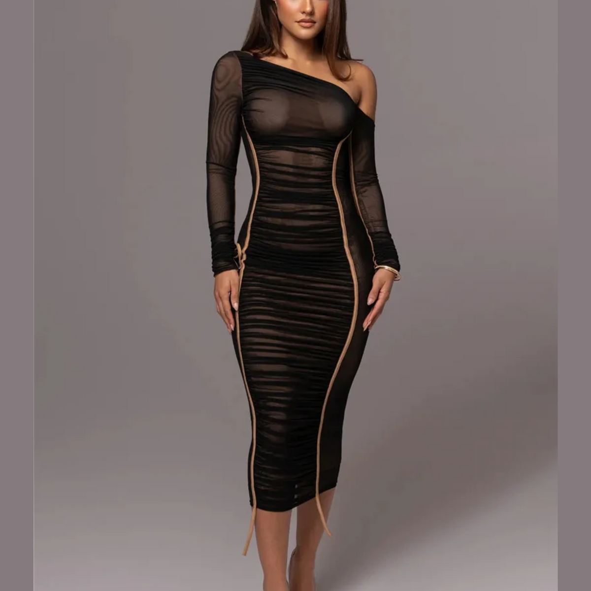 Charle | Damska sukienka midi bodycon na jedno ramię, marszczony tiul, elegancki i kobiecy fason