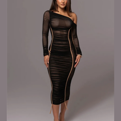 Charle | Damska sukienka midi bodycon na jedno ramię, marszczony tiul, elegancki i kobiecy fason