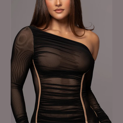Charle | Damska sukienka midi bodycon na jedno ramię, marszczony tiul, elegancki i kobiecy fason