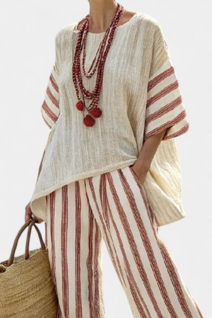 Syd | Komplet damski elegancki w stylu boho z rustykalnym topem w paski
