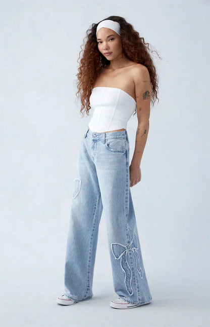 Babette | Damskie jeansy szerokie z haftem, casualowy i modny fason
