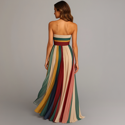 Megan | Sukienka damska maxi bez ramiączek plisowana w stylu colorblock