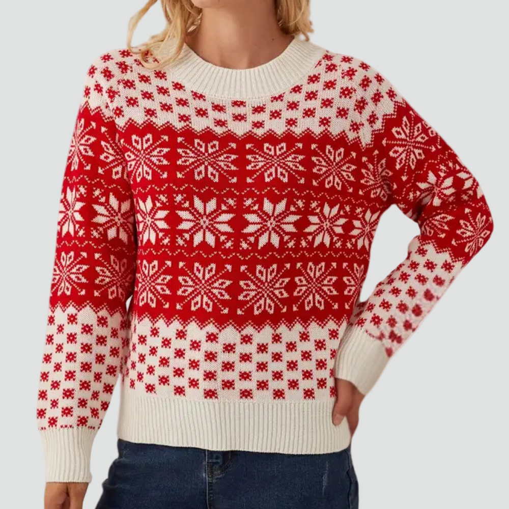 Nancy - Czerwono damski świąteczny sweter z płatkami śniegu