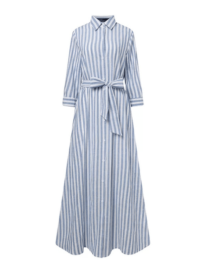 Phyllis | Damska sukienka maxi w paski z paskiem zapinana na guziki klasyczna