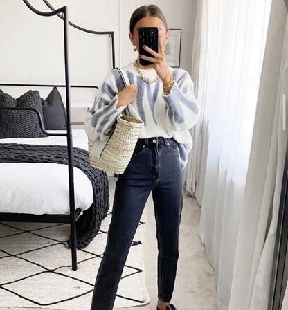 Jacqueline | Sweter damski oversize z niebieskim wzorem, luźny krój dzianinowy