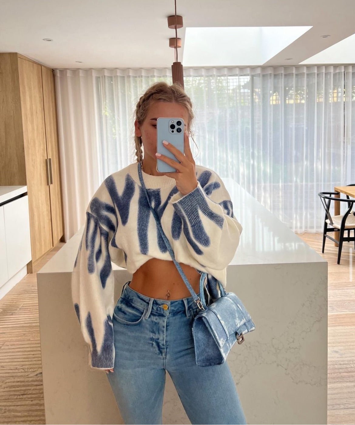 Jacqueline | Sweter damski oversize z niebieskim wzorem, luźny krój dzianinowy