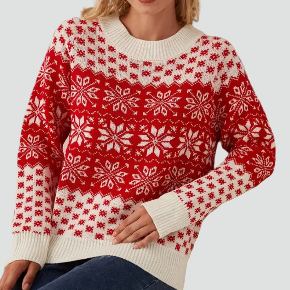 Nancy - Czerwono damski świąteczny sweter z płatkami śniegu