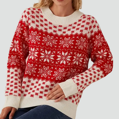Nancy - Czerwono damski świąteczny sweter z płatkami śniegu