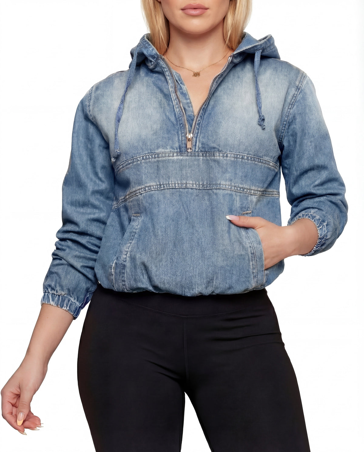Leontyne | Bluza damska jeansowa z kapturem i zamkiem w casualowym stylu