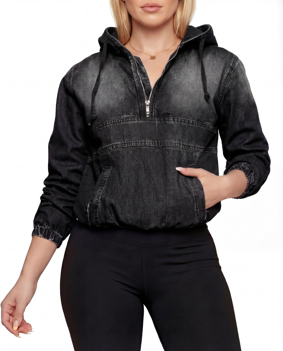 Leontyne | Bluza damska jeansowa z kapturem i zamkiem w casualowym stylu