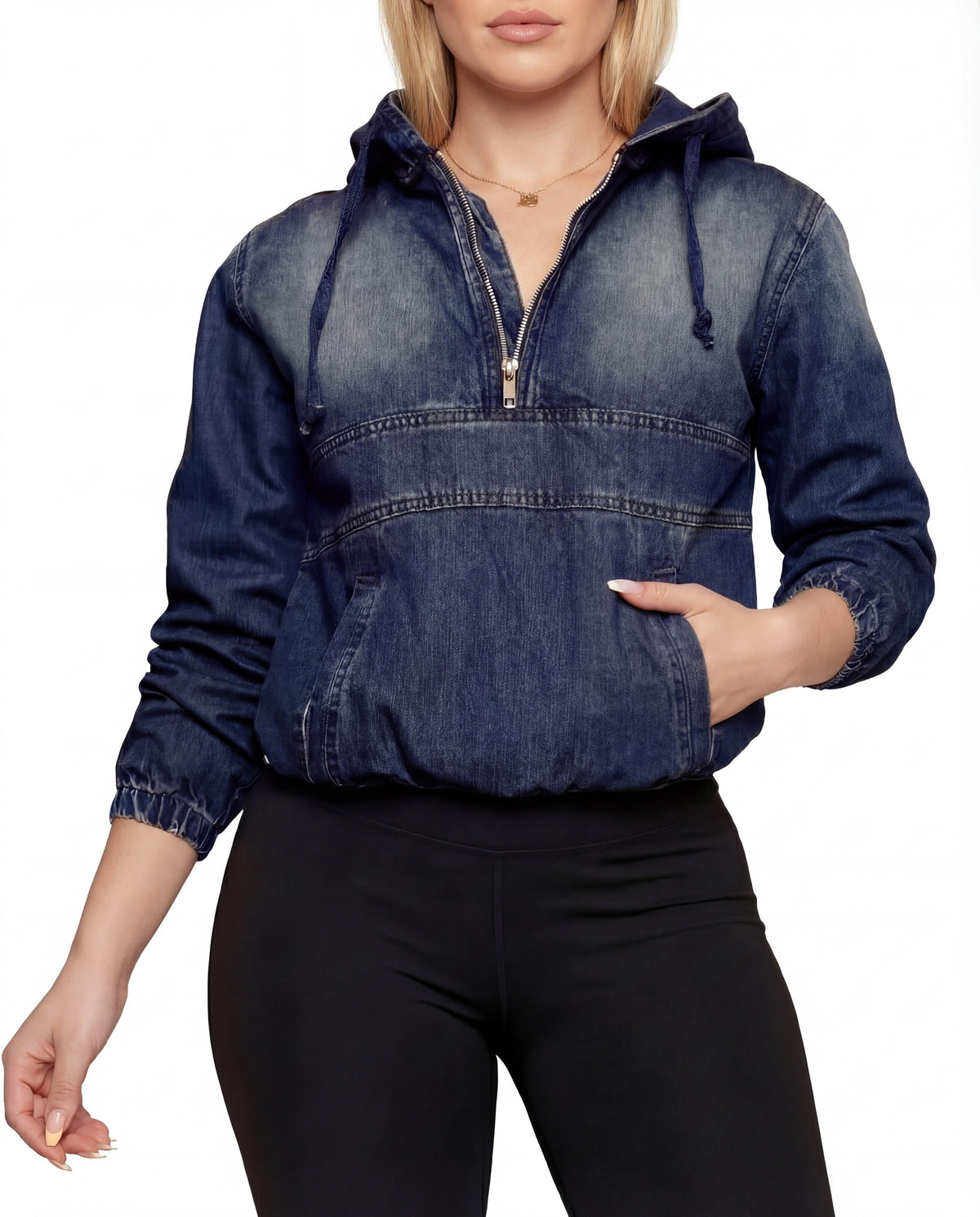 Leontyne | Bluza damska jeansowa z kapturem i zamkiem w casualowym stylu