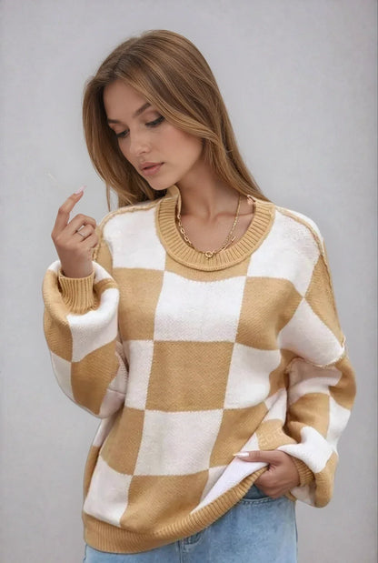 Johnny | Sweter damski w kratę z miękkiej dzianiny, wygodny i przytulny