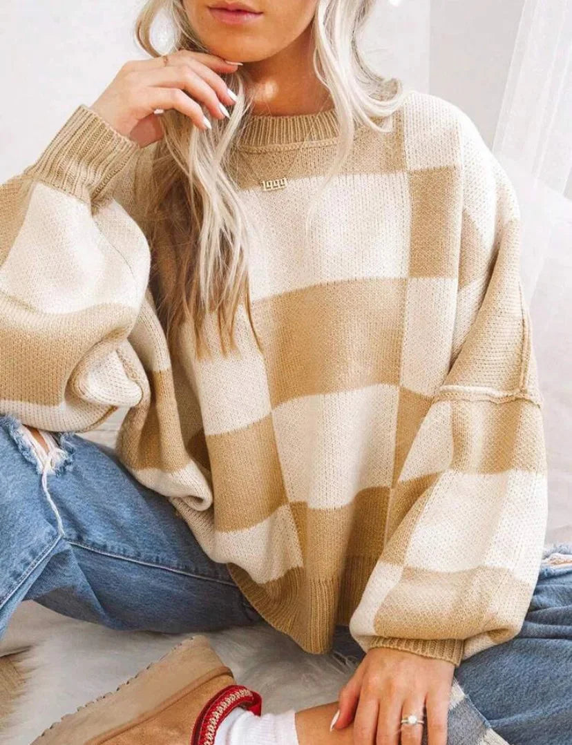 Johnny | Sweter damski w kratę z miękkiej dzianiny, wygodny i przytulny